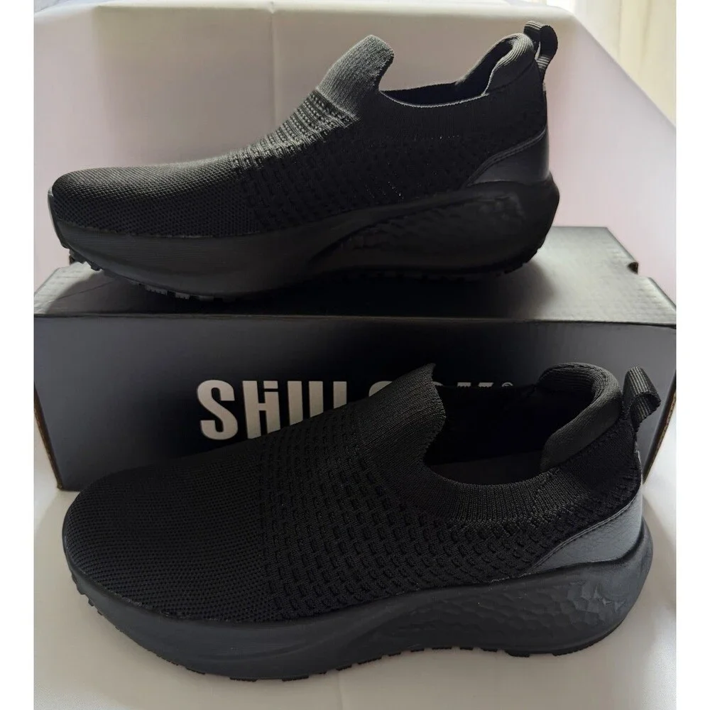 SHULOOK Womens 8 Black Non Slip Work Shoes Restaurant Kitchen Sneakers Stretch